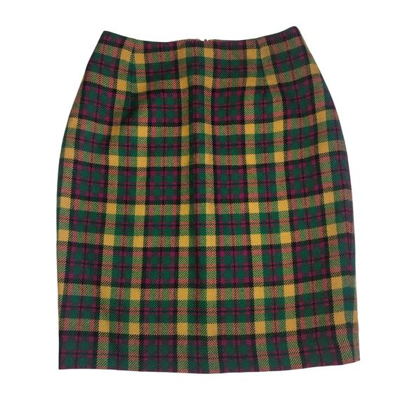 Plaid Wool Skirt Size XS Pencil Vintage Schoolgirl Twee Preppy Green Red Gold - Picture 1 of 8